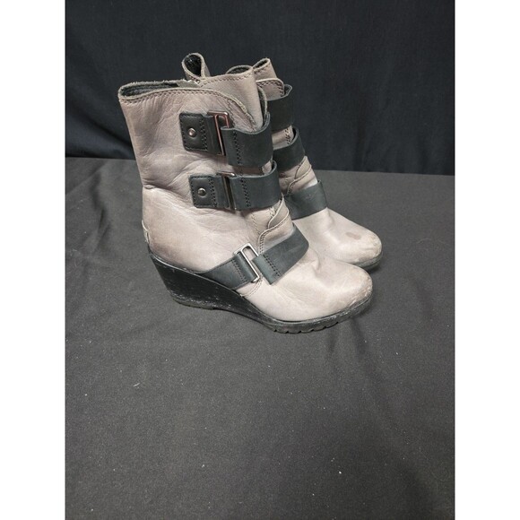 Sorel Boots Size 6.5 Gray Black After Hours Wedge Heel Leather Bootie Shoes - Picture 7 of 7